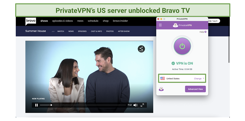 An image showing a Digital Exclusive from Summer House on Bravo TV while connected to one of PrivateVPN's US servers