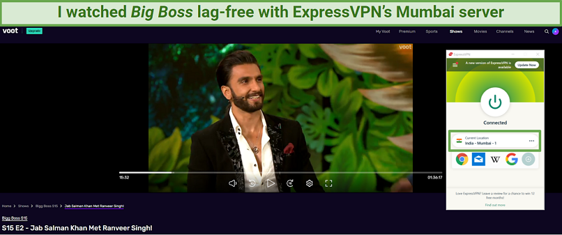 A screenshot showing that ExpressVPN unblocked Voot with its Mumbai server