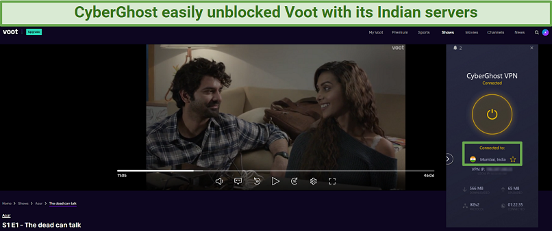 A screenshot showing that CyberGhost unblocked Voot with its Indian server