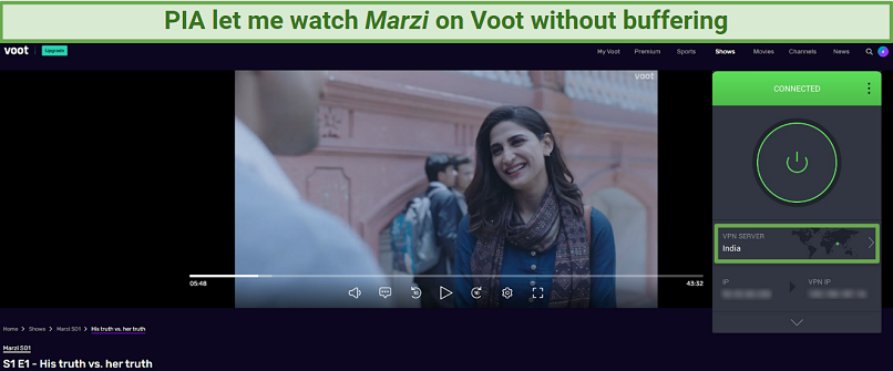 A screenshot showing an episode of Marzi on Voot with PIA's Indian server