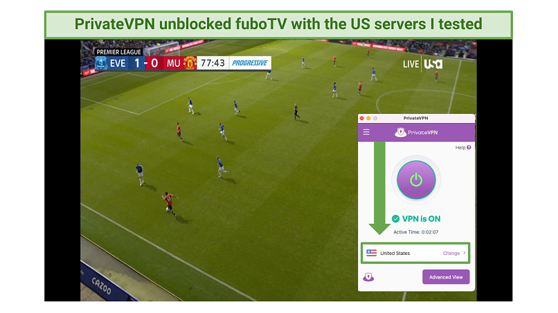 A screenshot showing a live football match playing on USA Network on fuboTV while connected to one of PrivateVPN's US servers