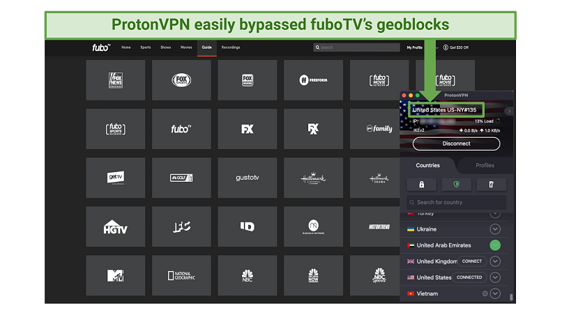 A screenshot showing fuboTV's channel guide while connected to one of Proton VPN's US servers