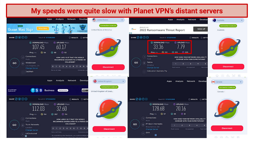 Screenshot of speed tests performed on Ookla while connected to Planet VPN