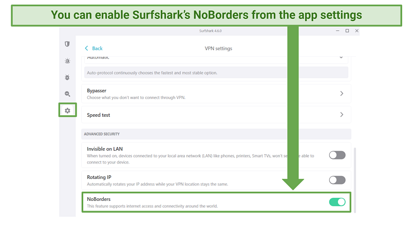screenshot showing how to enable Surfshark's NoBorders feature on its Windows app