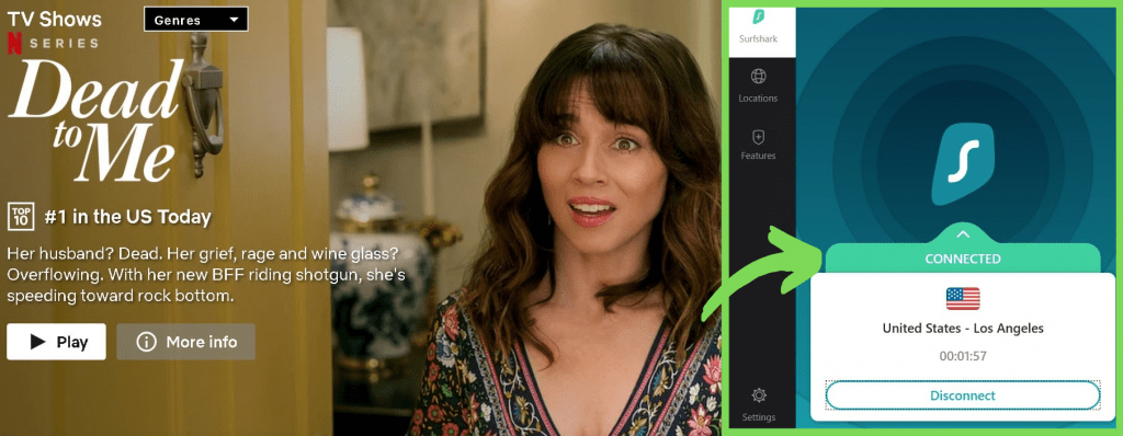Screenshot of Surfshark unblocking Netflix US.