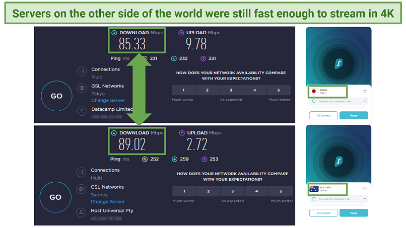 Capturas de tela dos testes de velocidade de Ookla realizados enquanto conectados a servidores Surfshark no Japão e na Austrália
