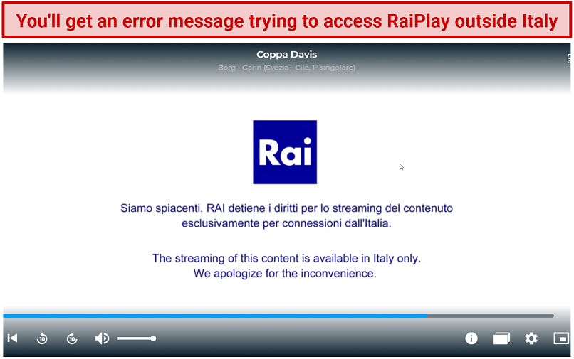 Screenshot of Rai TV error message when trying to access the service outside Italy