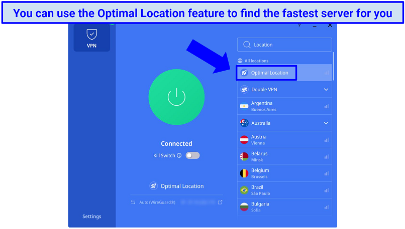 Screenshot of Veepn's Windows app highlighting the Optimal Location feature