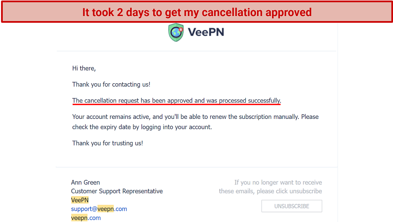 Screenshot of cancellation confirmation over emails with Veepn support