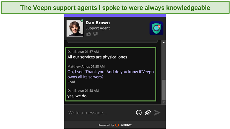 Screenshot of a conversation with Veepn's support team over live chat where I was told servers are all physically located