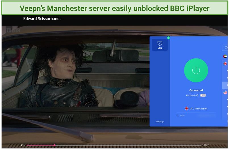 Screenshot of BBC iPlayer streaming Edward Scissorhands while connected to Veepn