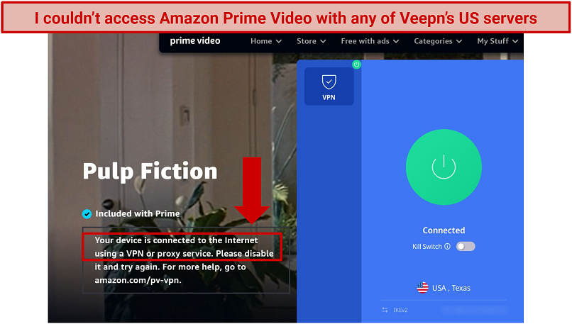 Screenshot of Amazon Prime Video player being blocked while connected to Veepn