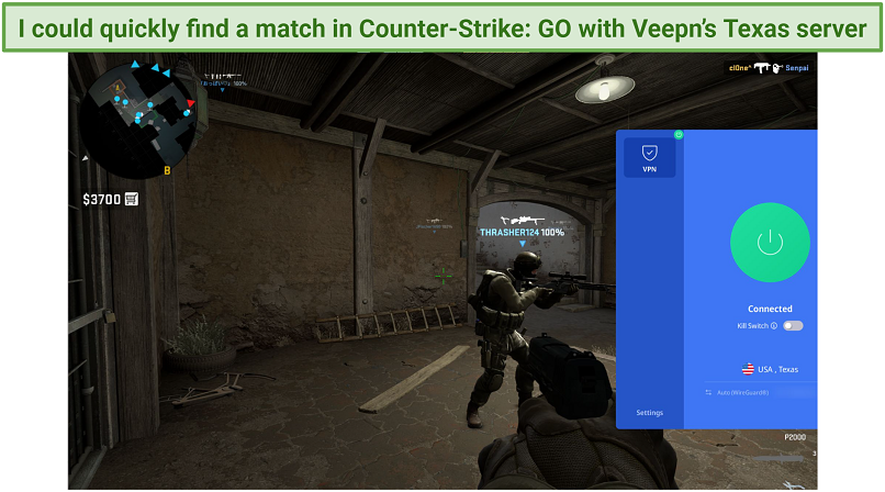Screenshot of Steam running Counter-Strike: Global Offensive while connected to Veepn
