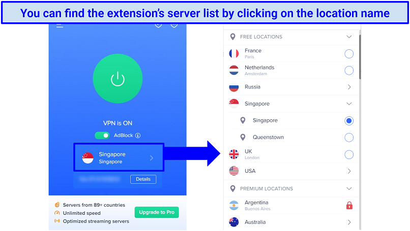 Screenshot of Veepn's Chrome browser extension's server list