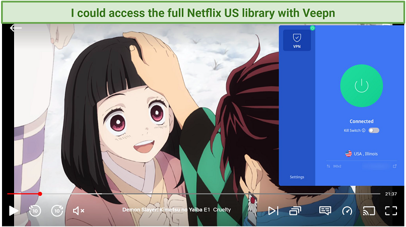 Screenshot of Netflix player streaming Demon Slayer while connected to Veepn
