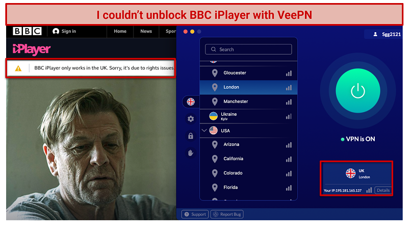 screenshot of BBC iPlayer error message and VeePN UI