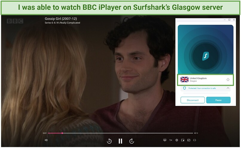 Screenshot of BBC iPlayer streaming Gossip Girl while connected to Surfshark's Glasgow server