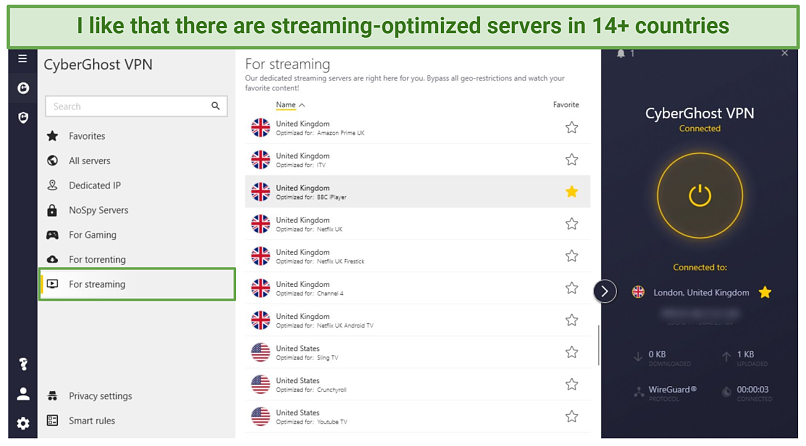 Screenshot of CyberGhost Windows app highlighting the streaming-optimized servers