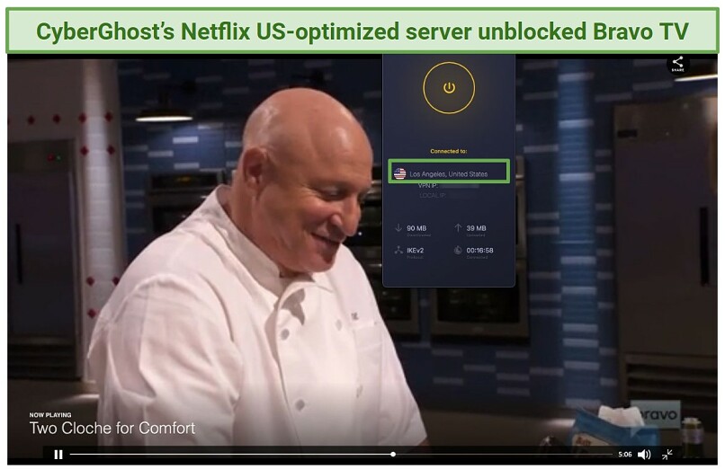 A screenshot showing an episode of Top Chef: Last Chance Kitchen on Bravo TV while connected to one of CyberGhost's US servers