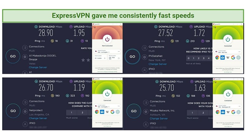 Screenshots of speed test conducted while connected to ExpressVPN's US servers in NY, LA, and Washington
