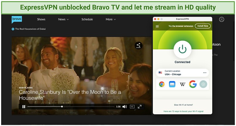 An image showing an episode of Real Housewives of Dubai on Bravo TV while connected to one of ExpressVPN's US servers