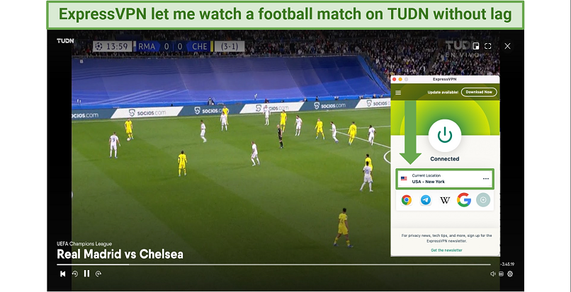 Alt text: A screenshot showing a football match playing on TUDN (fuboTV) while connected to ExpressVPN's NY server