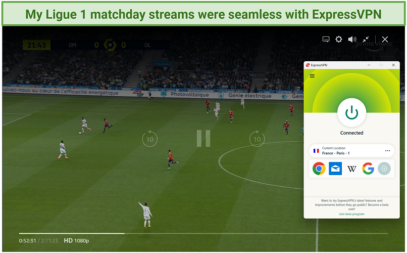 Streaming Ligue 1 on Amazon Prime Video while connected to ExpressVPN's Paris server.
