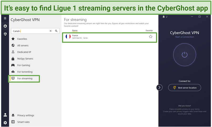 Screenshot of servers optimize for Canal+ in the CyberGhost app.