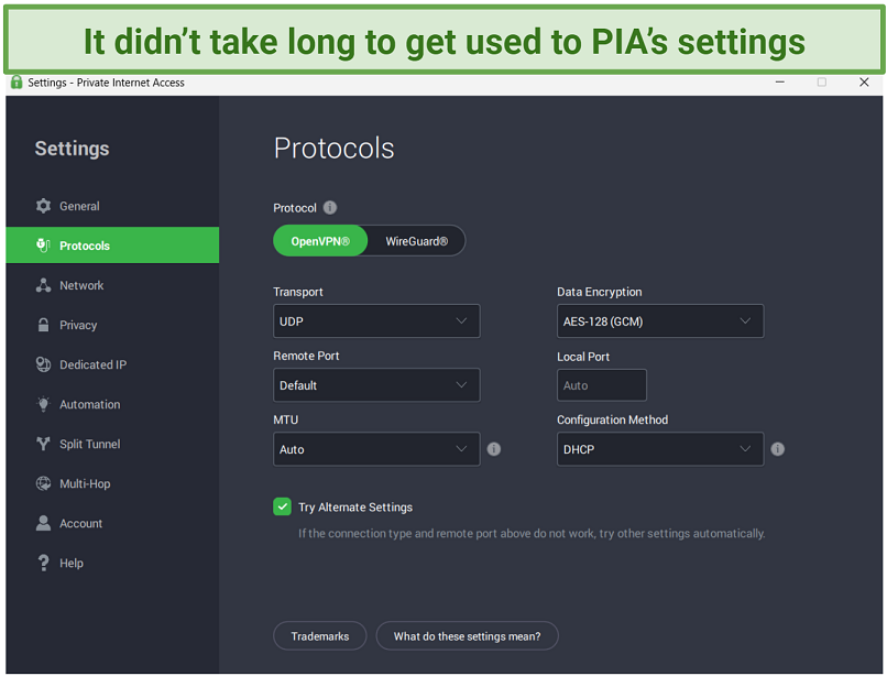 Screenshot of the PIA Windows app with its connection settings.