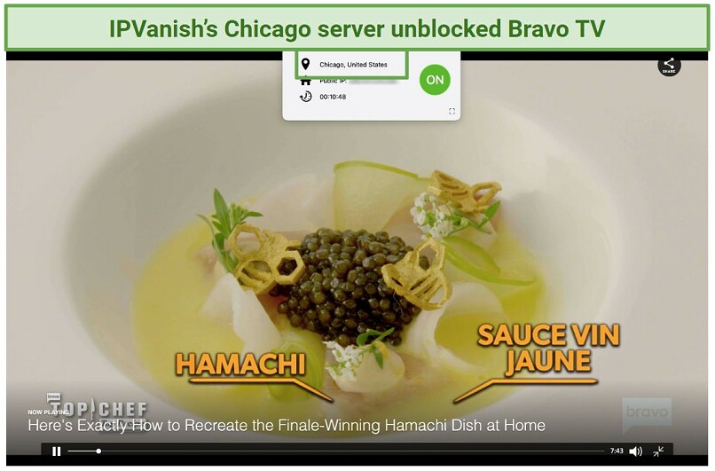 An image showing an episode of Top Chef: Top Recipe on Bravo TV while connected to one of IPVanish's US servers