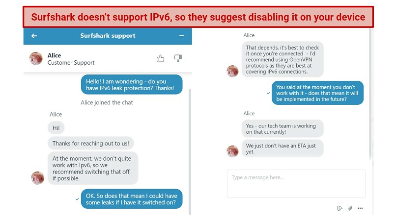 Screenshot showing customer support explaining Surfshark doesn't support IPv6.
