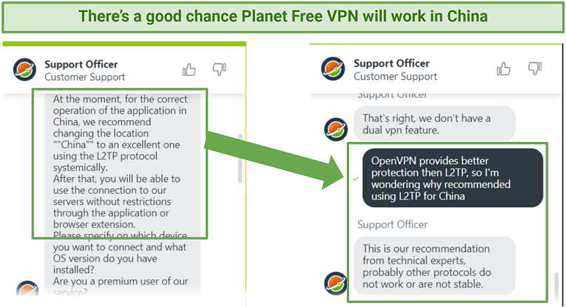 A screenshot showing customer support confirmed Planet VPN will work in China