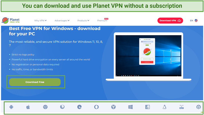 A screenshot showing Planet VPN's download page