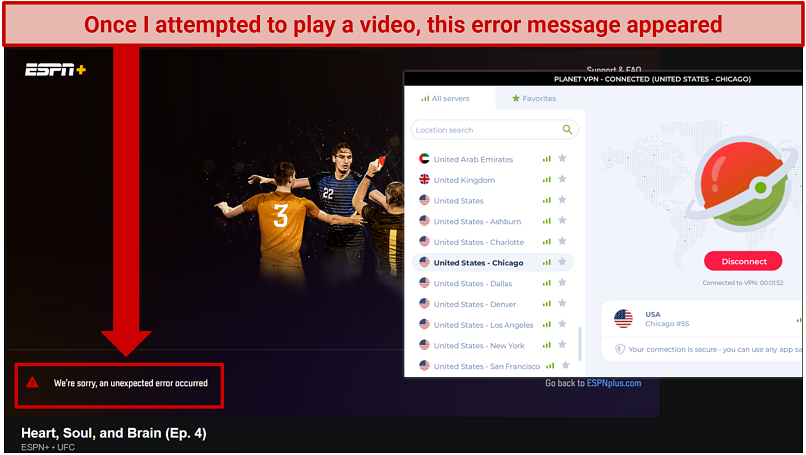 A screenshot showing Planet VPN didn't ublock ESPN+