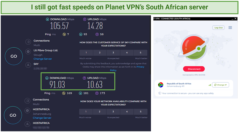 A screenshot showing Planet VPN's South African server is fast.