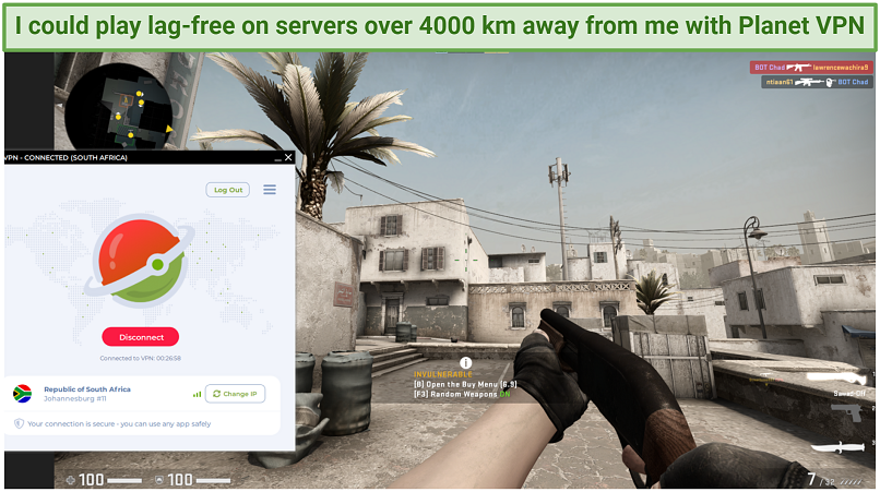 A screenshot showing Planet VPN is ideal for gaming
