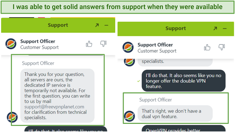A screenshot showing Planet VPN's customer support is reliable
