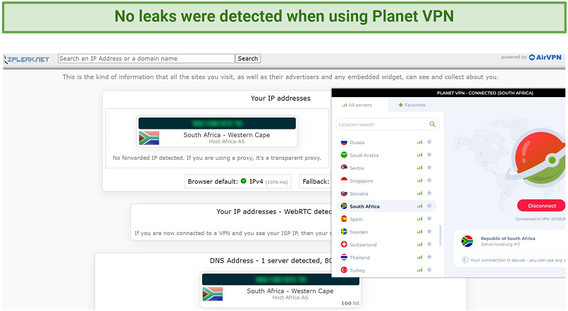 A screenshot showing Planet VPN passed DNS/IP leak tests