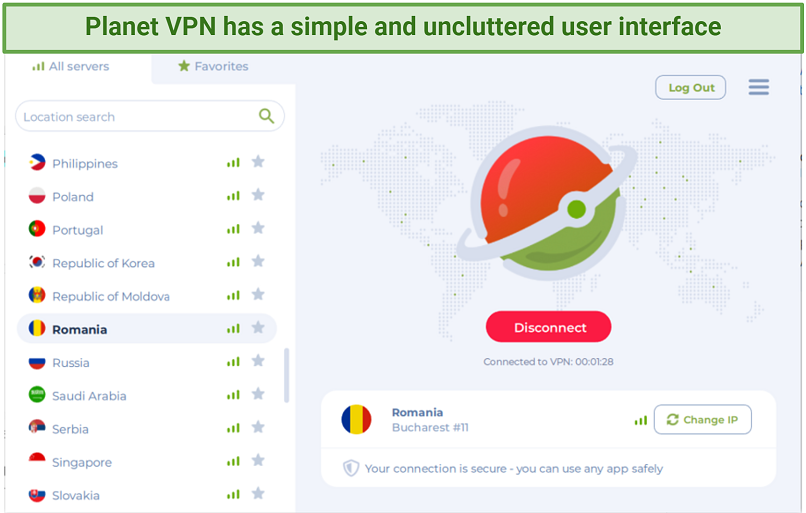 A screenshot showing Planet VPN has a simple and uncluttered user interface