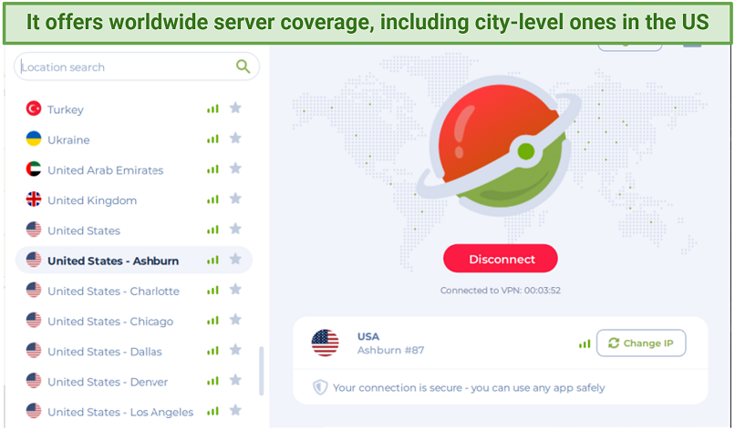 A screenshot showing Planet Free VPN only offers several servers worldwide, including city-level ones in the US