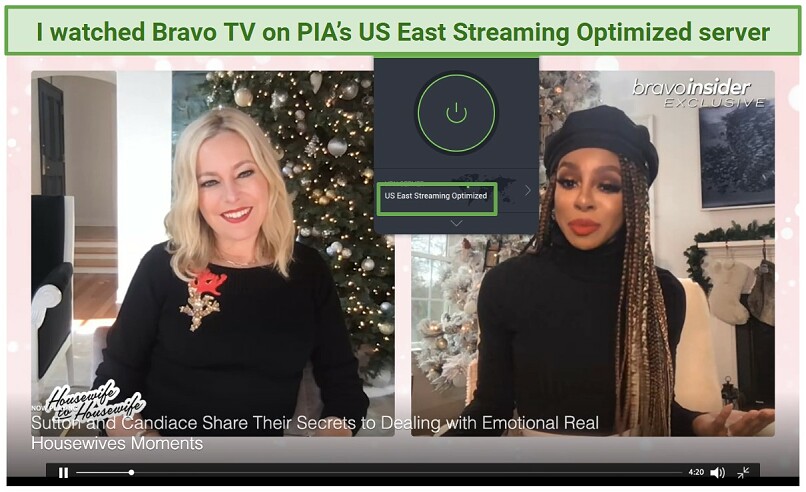 An image showing an episode of Housewife to Housewife on Bravo TV while connected to one of PIA's US servers