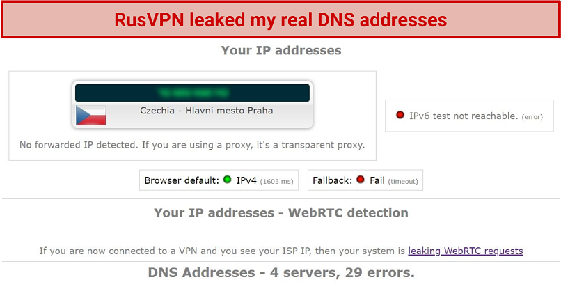 Screenshot showing RusVPN failing the leak test