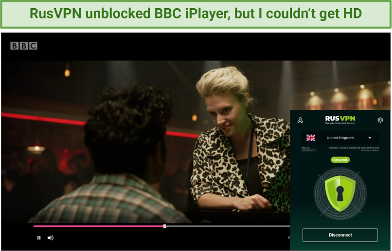 Screenshot showing BBC iPlayer unblocked after connecting to a RusVPN server in the UK