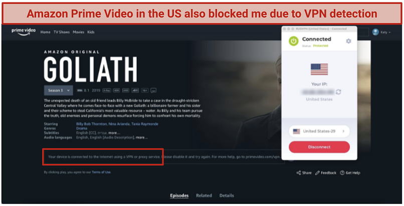 Attempting to watch Amazon Prime Video with RusVPN's US server