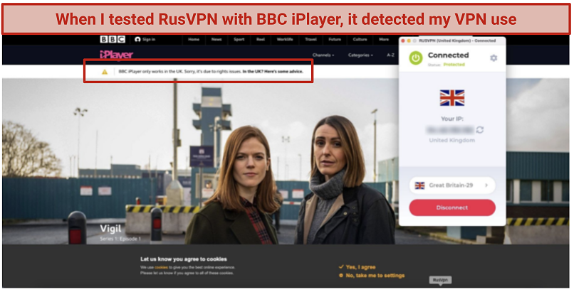 Attempting to watch BBC iPlayer with RusVPN's UK server
