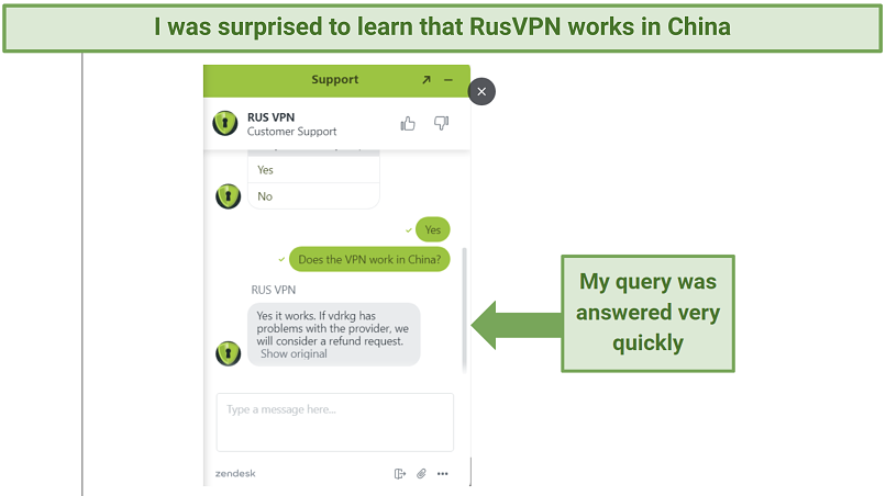 RusVPN's live chat confirming that the VPN works in China