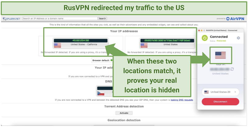 RusVPN's DNS and IP leak test results showing no leaks