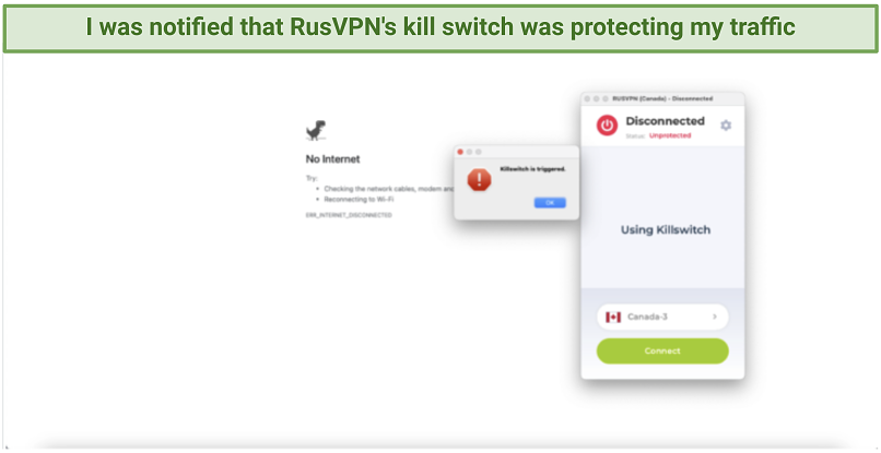 RusVPN blocking internet traffic until a stable connection is established, using its kill switch