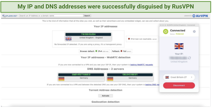 RusVPN's DNS and IP leak test results showing no leaks