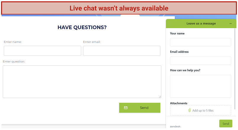 RusVPN's support options while live chat is unavailable, including a contact form